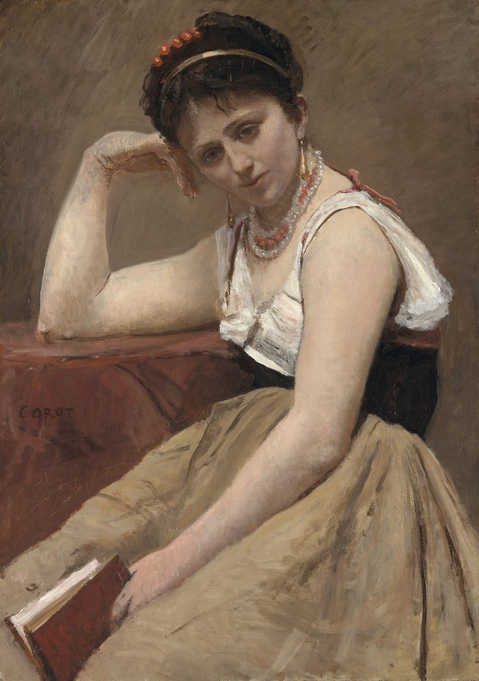 Corot's Interrupted Reading: a young woman rests her head on her hand, a red book open on her lap