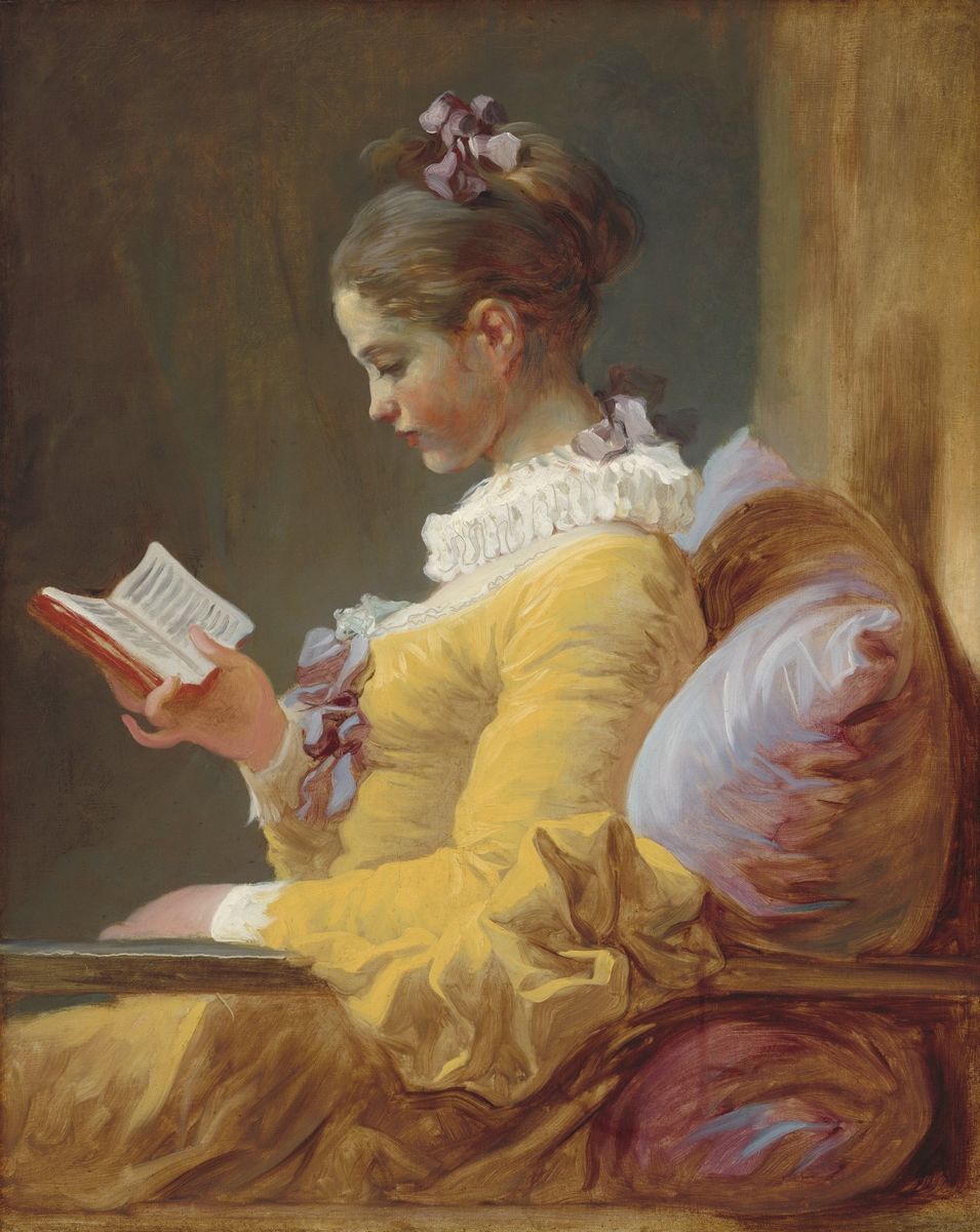 Fragonard's Young Girl Reading: a girl in a yellow dress absorbed in a small book
