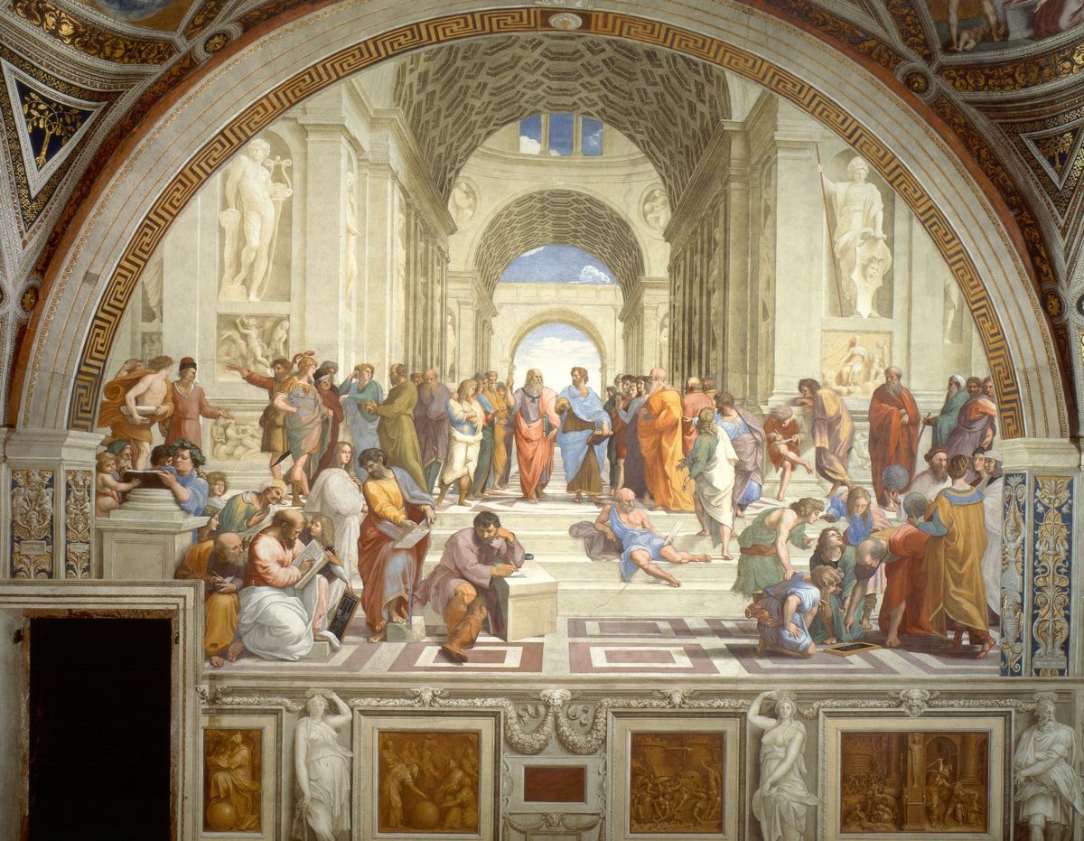 Raphael's School of Athens: philosophers in conversation under a vaulted hall, Plato and Aristotle at the centre
